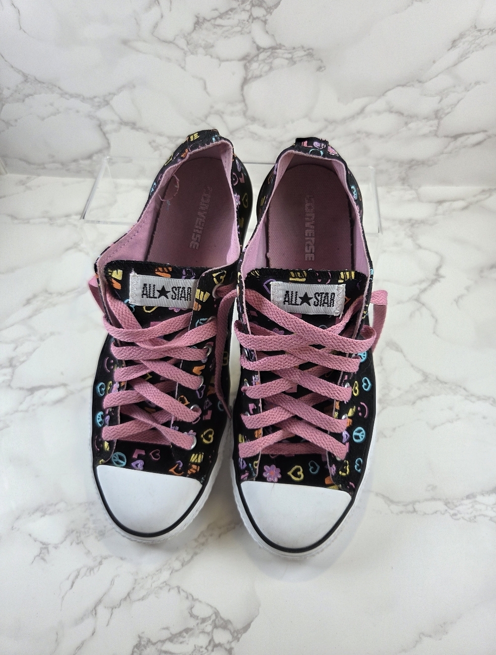 Converse All Star Junior ' Black Graphic Low-Top Sneakers with Pink Laces(B11) - Picture 2 of 9